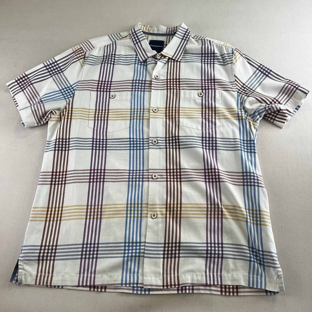 Tommy Bahama Mens XL Silk Blend Short Sleeve Plaid Button Down Shirt White Multi